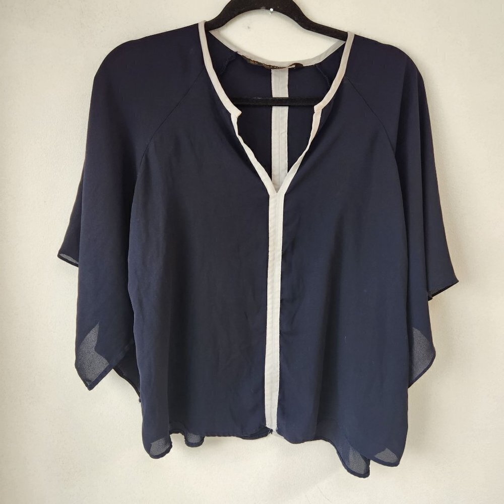 $10 SALE Zara Basic Chiffon Sheer V-Neck Tunic Oversized Navy Blouse Shirt S